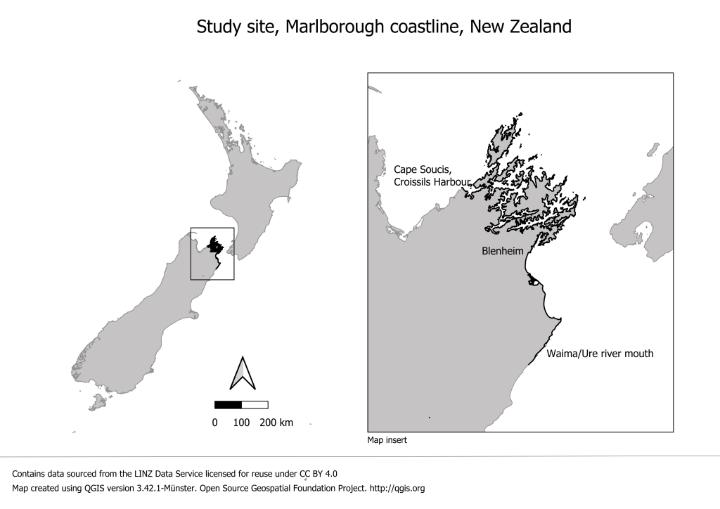 Initial study area, Marlborough Coastline, Aotearoa New Zealand.